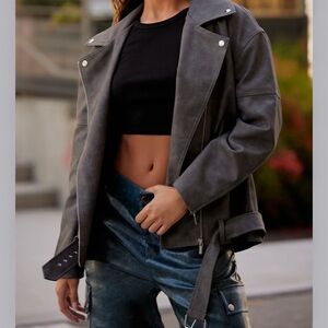 Big Rider Gray Over Sized Washed Faux Leather Moto Jacket